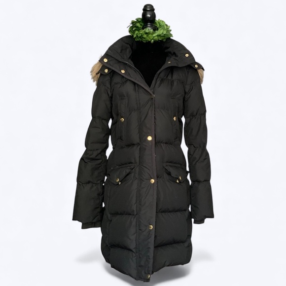 J Crew Down Filled Hooded Puffer Coat Jacket Faux Fur Trim Black SZ S - Picture 6 of 16